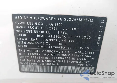 2013 Volkswagen Touareg Vr6 Sport from USA, damaged, VIN WVGEF9BP0DD001419
